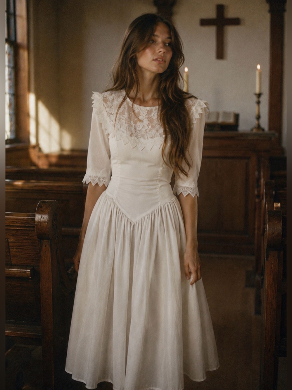 Vtg Jessica McClintock Gunne Sax White Lace Drop Waist Prairie Size 5/6 Dress
